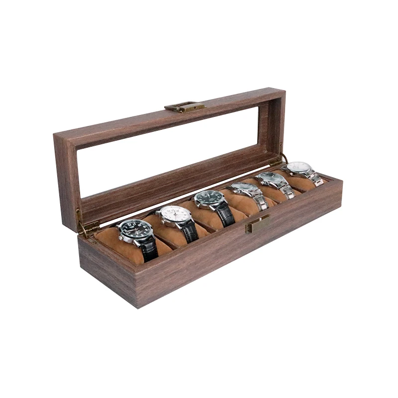 Luxury Simulation Wood Grain 6 Slots Watches Display Box Glass Window Wrist Watch Organizer with Silk Cotton Pillow