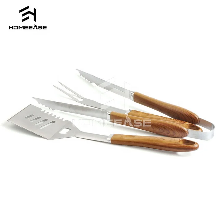 
Simple style restaurant home wood grain PP handle barbecue set 3 pcs bbq tools set grill 