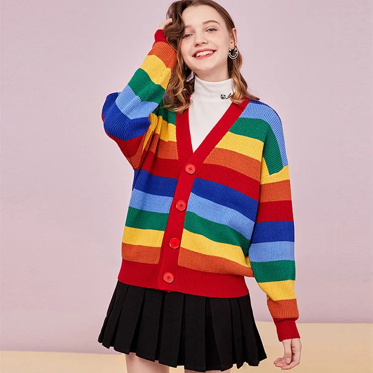 Cute Beautiful Design Rainbow Stripe 2022 New Arrivals Custom Long Sleeve Knitted Girl Sweater Cardigan Coat For Woman
