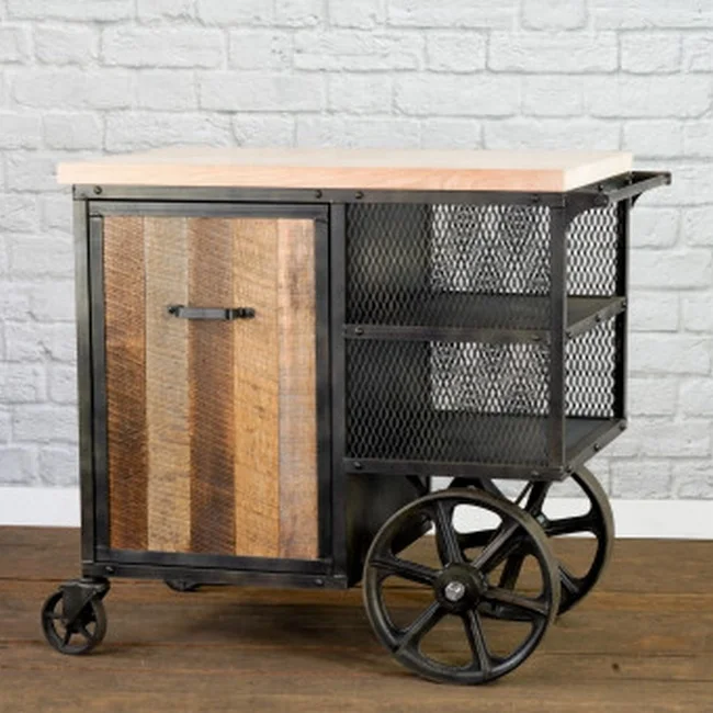 LIKEN INDUSTRIAL KITCHEN TROLLEY IRON WOODEN CART ON WHEELS KITCHEN FURNITURE