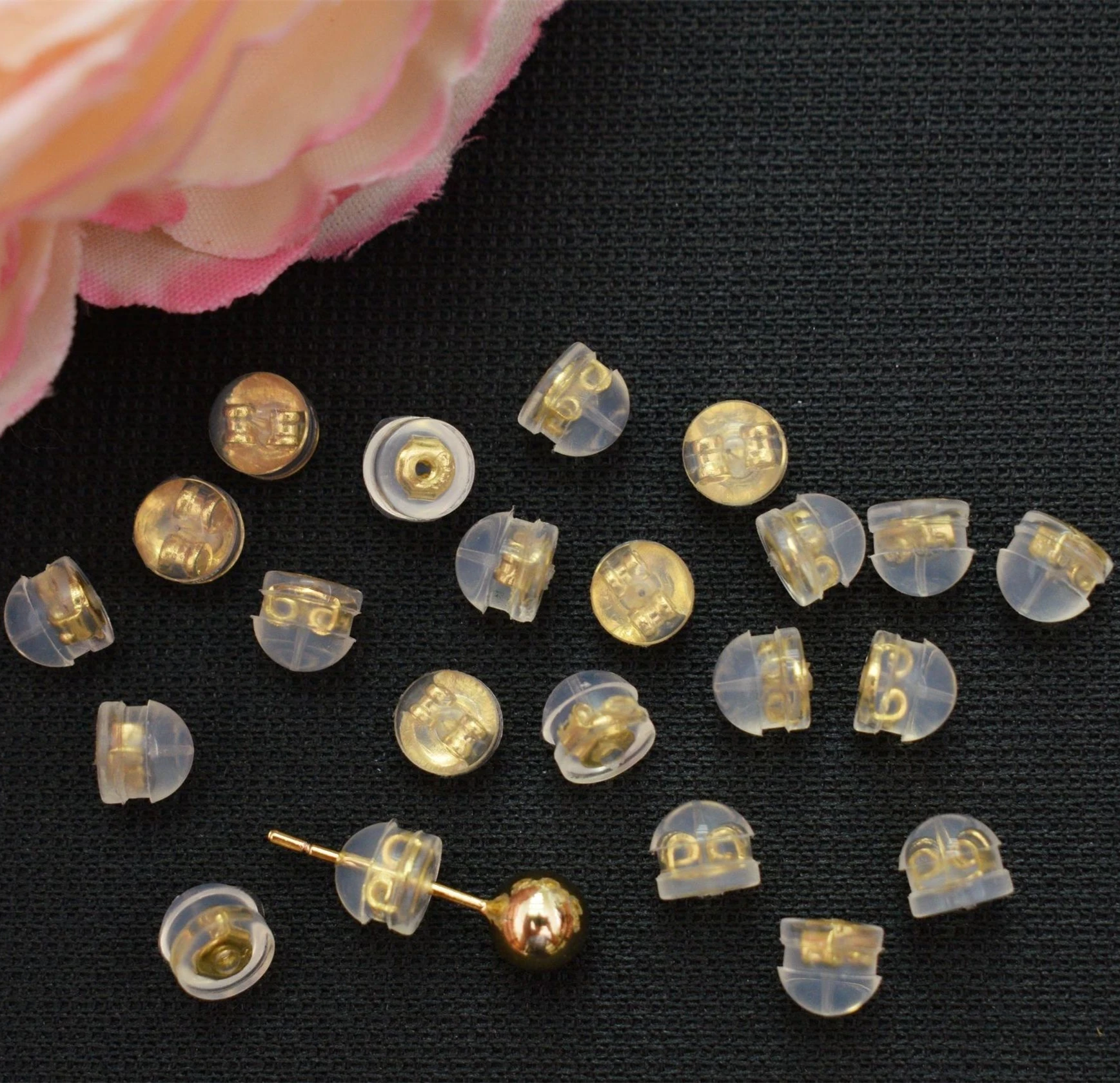 18 K gold plated brass Silicone Earring Backs Hamburger Shaped earring posts & backs