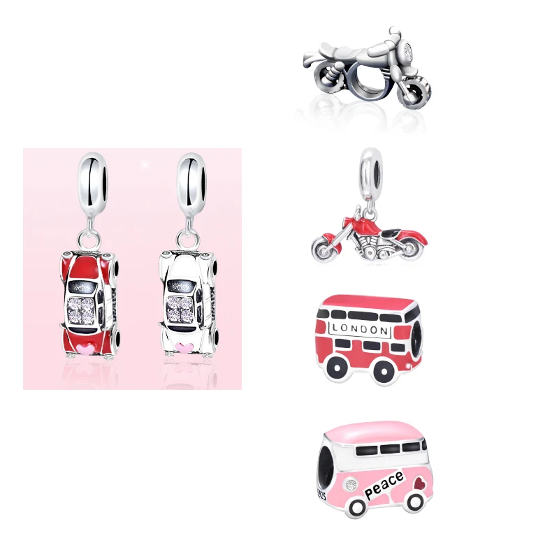 Cartoon style 925 sterling silver enamel cubic zircon setting car bus motorcycle bead charms for jewelry making