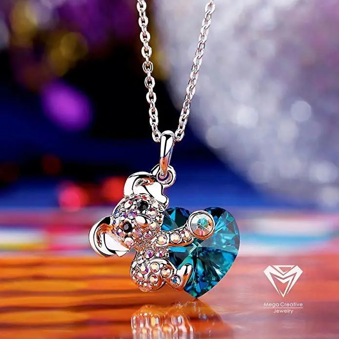 Women Koala Bear Hug Blue Heart Pendant Necklace