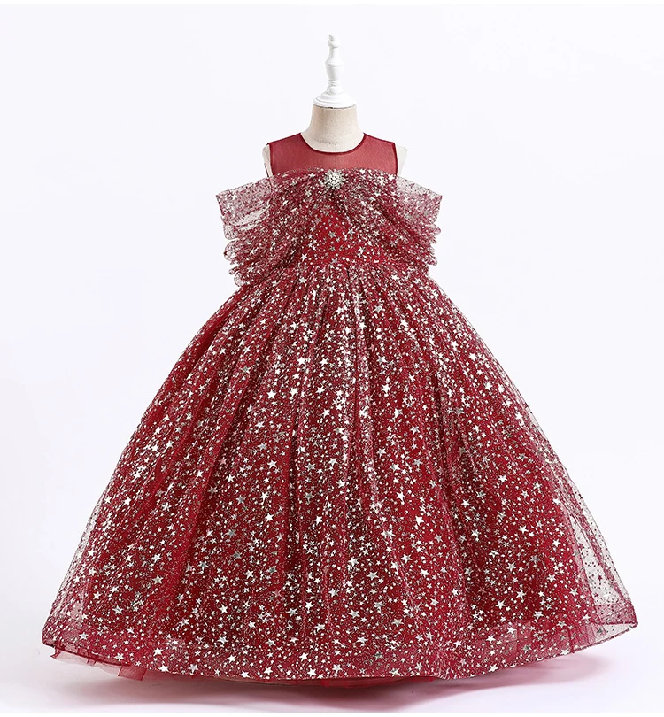 New Kids Girls New Summer Children Mesh Lace Floor Length Stars Catwalk Host Performances Fluffy Gauze Dress