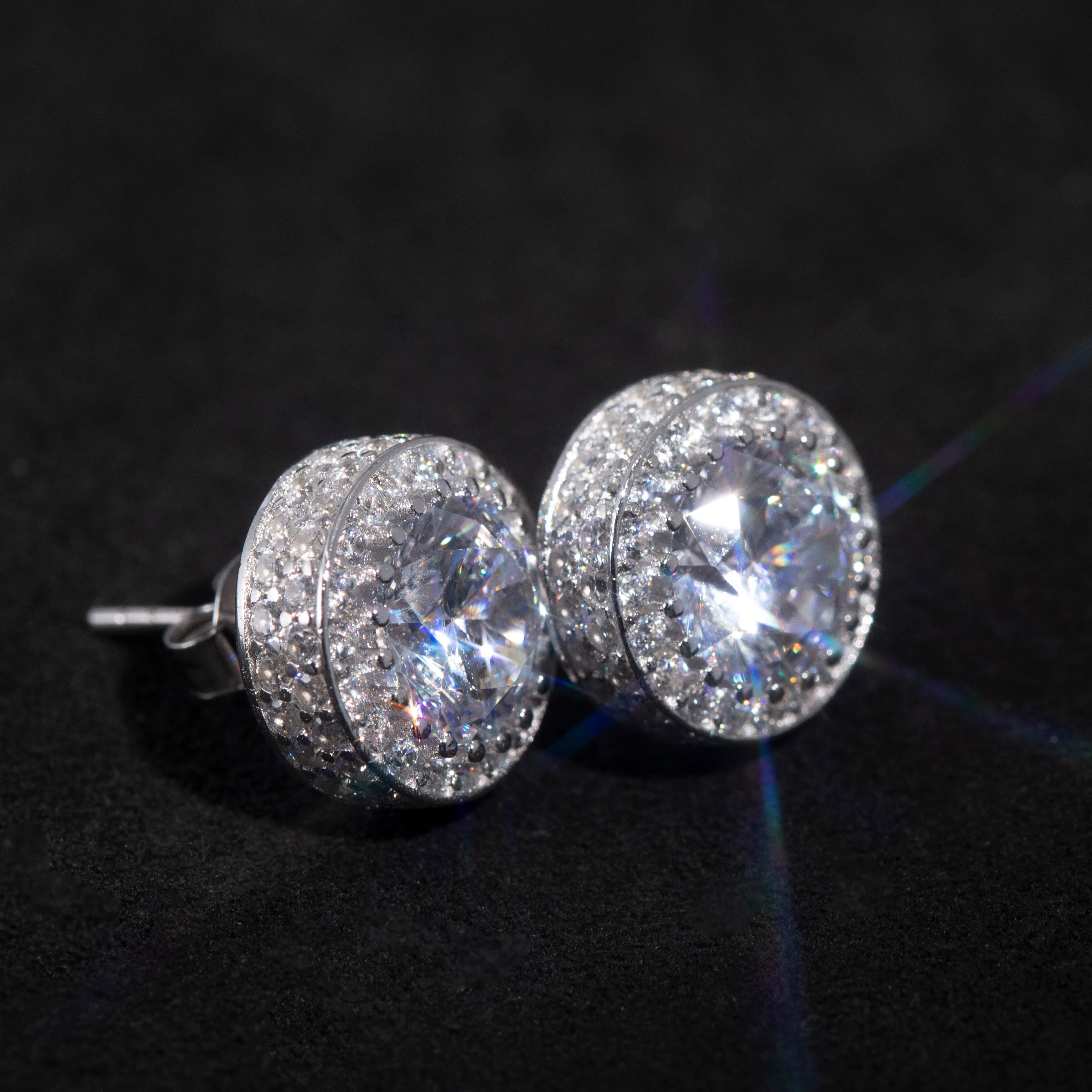 Top quality hip hop CZ men jewelry pavd cz silver gold two tone round diamond boy men earring