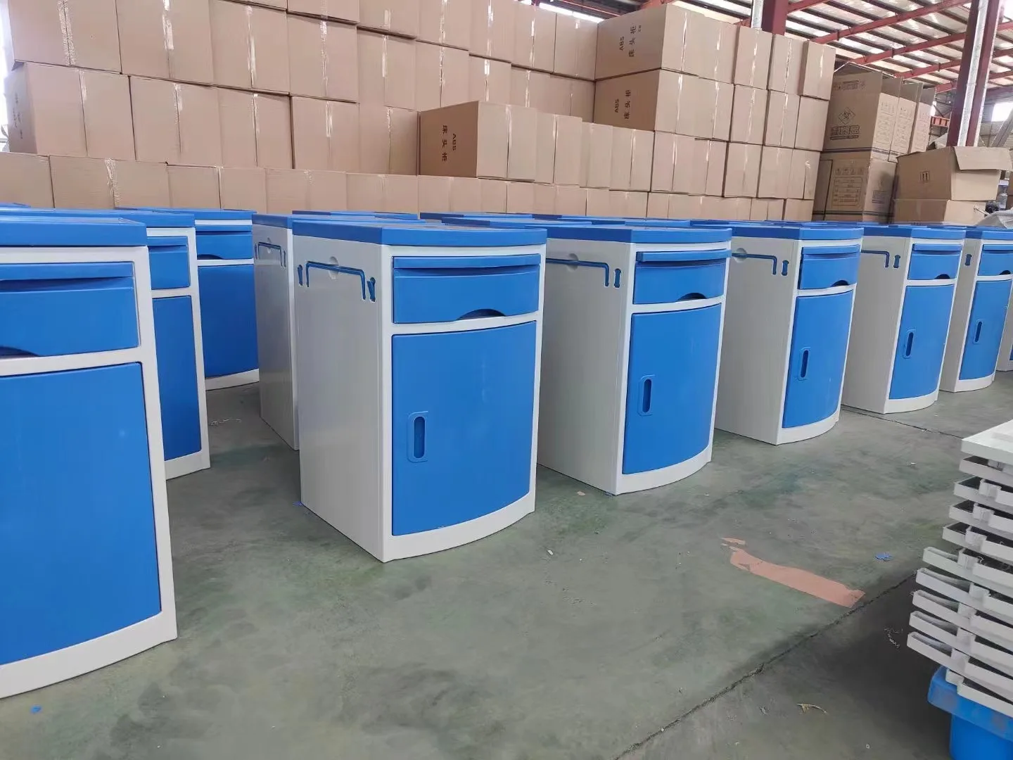 hot sale ABS hospital bedside locker blue color cabinet with brake wheels