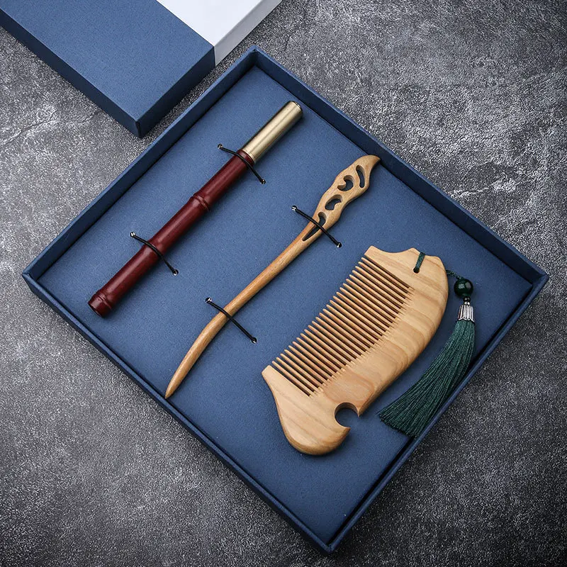 2022 Chinese style novelty gift bookmark sandalwood comb gift box set hairpin signature pen business gift