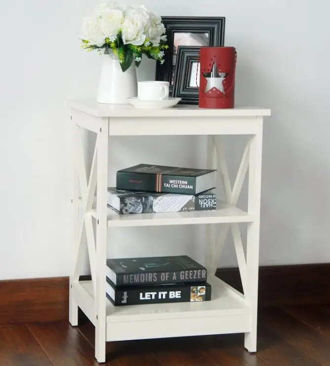 
White Finish Wooden X-Design Bedside Table End Table with 3-tier Shelf 