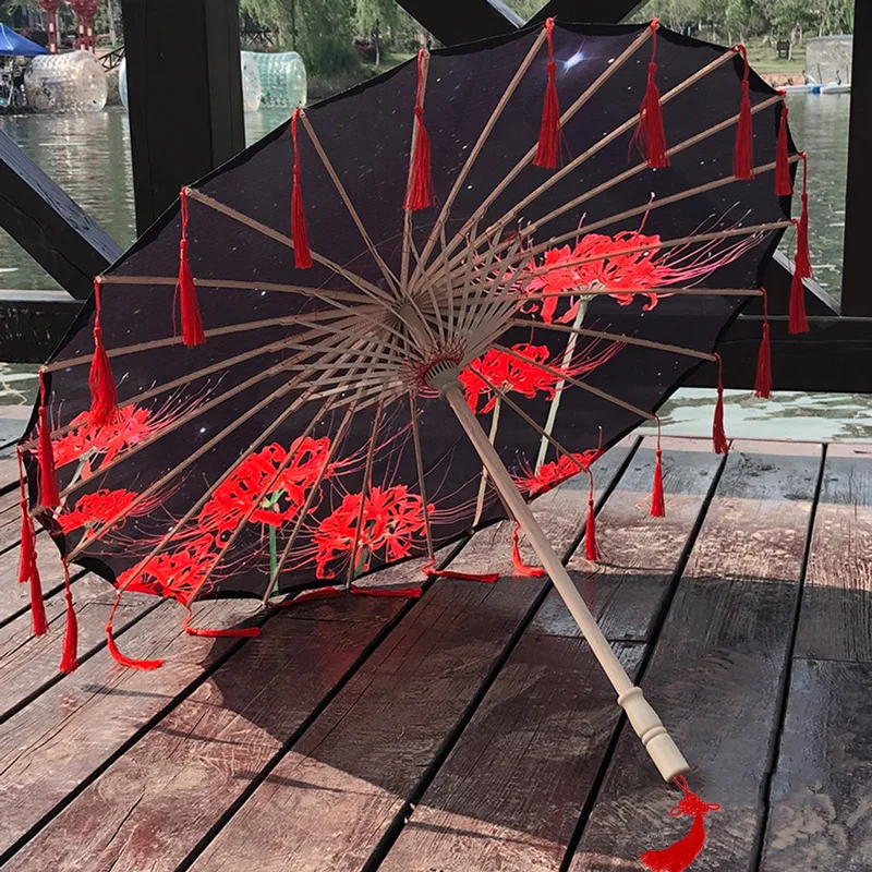 Wholesale Chinese Traditional Romantic Oil Paper Umbrella With Tassels Cherry Blossom Parasols