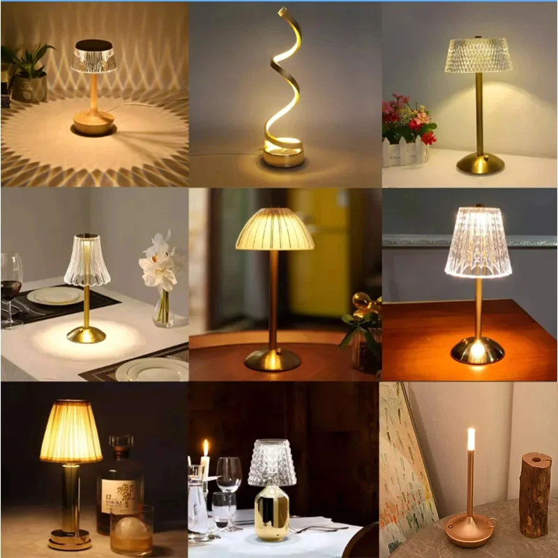 Vintage Gold Diamond Crystal Shade Battery Operated Dimmable Rechargeable Restaurant Touch Cordless Luxury LED Table Lamps