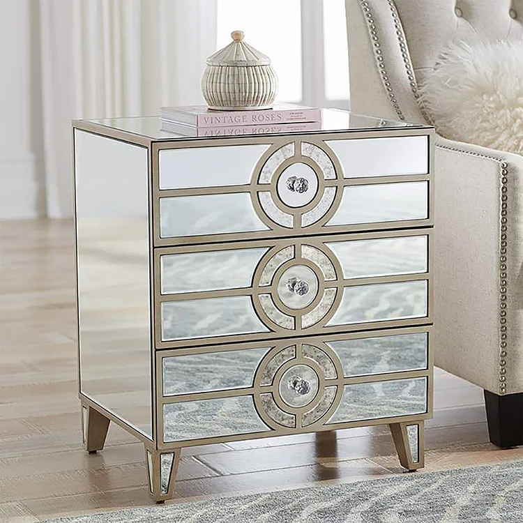 Bedside table Geometric circular design 3 drawer corner cabinet vintage mirrored chest for home Art Deco Side Table