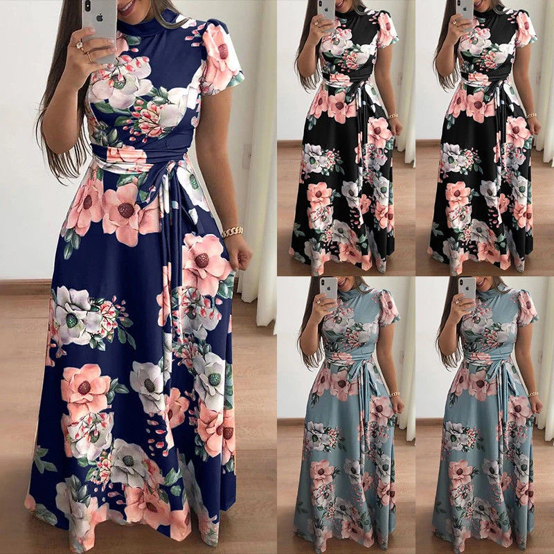 HKRED New Design Long Sleeve Floral Large And Small Dresses For Womens Leisure Bohemian Lady Dress