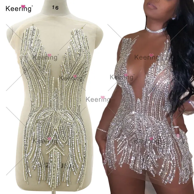 Keering Bridesmaid Engagement Evening Prom Party Crystal Body Patch Panels White Wedding Gown Crochet Pearl Applique For Dress