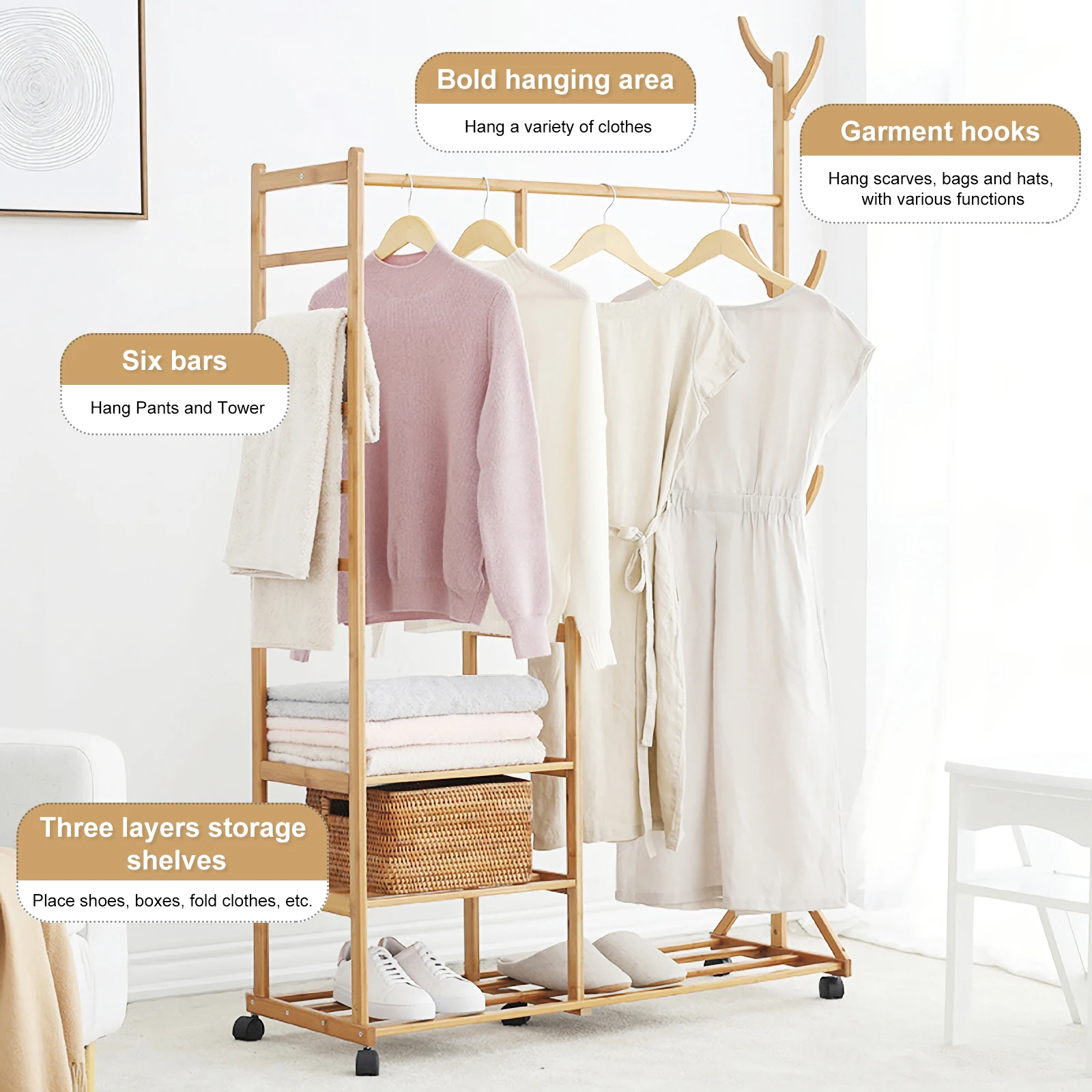 Adjustable flexible hanger stand for clothes wide usage for living room hotel bamboo standing clothes hanger