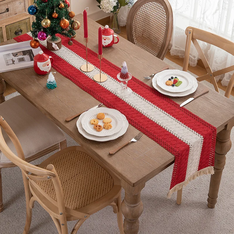 American Country Style Cotton-Linen Knitted Patchwork Table Runner Diamond Pattern Edge Cabinet Cover Cloth Bed End Weddings