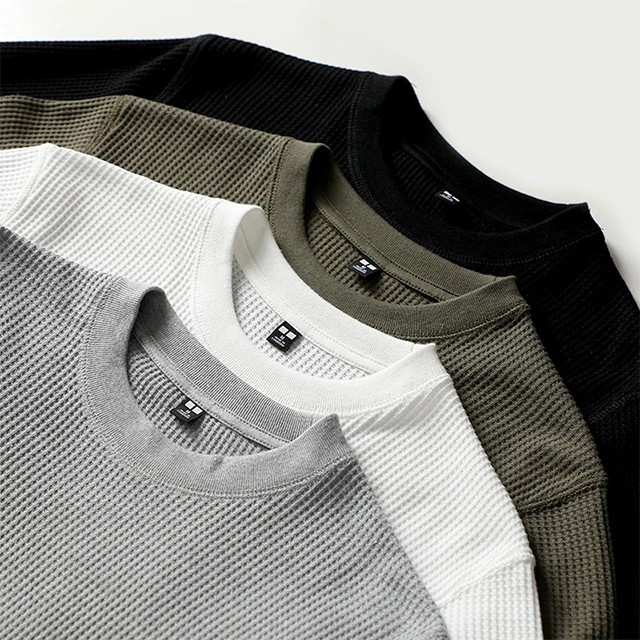 100% organic cotton blank knit waffle long sleeve t shirt