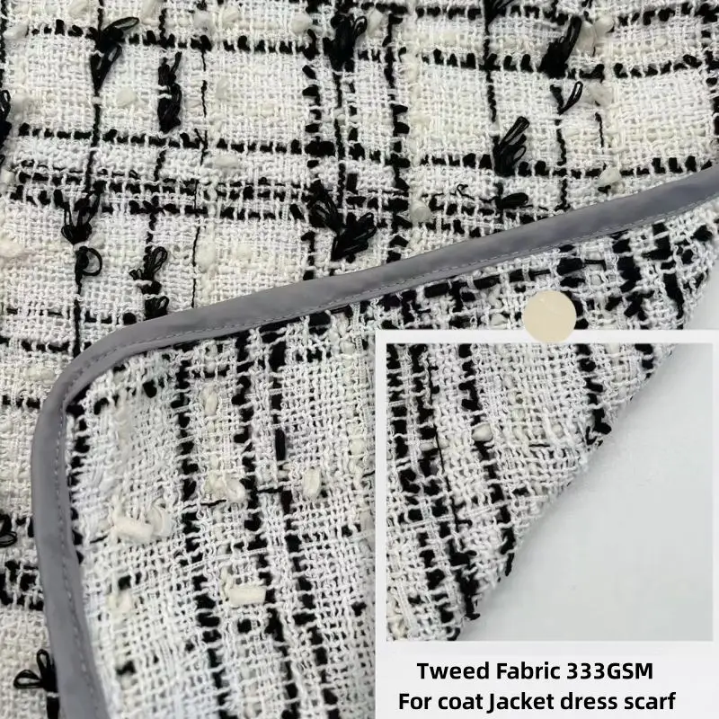 New Arrival Stock Fancy Tweed Dress Jacket Black White Plaid Winter Clothes for Women Tweed Fabric