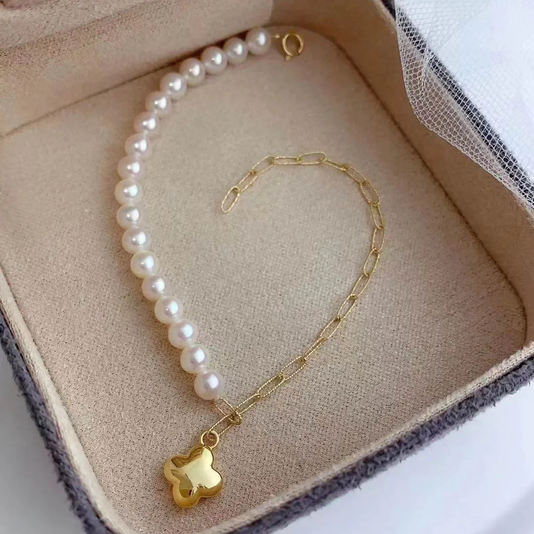 Luxury Fashion AU750 Pure Real 18K Gold Pearls Bracelet Removable Earring Sets Fine Jewelry Women Ladies Bracelets Rings Set