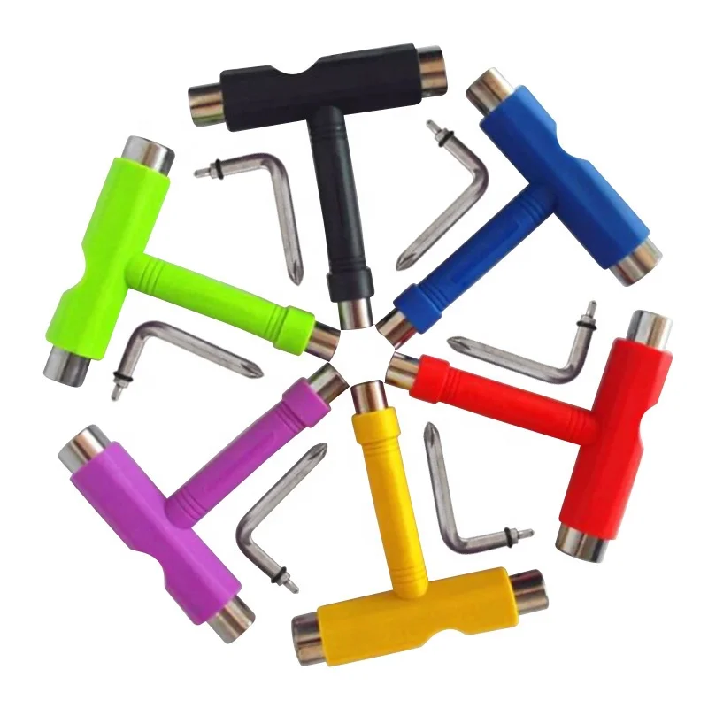 custom printing logo multifunctional T shape Y shape Plastic wrench or metal axle threader skateboard tools ratchet skate tools