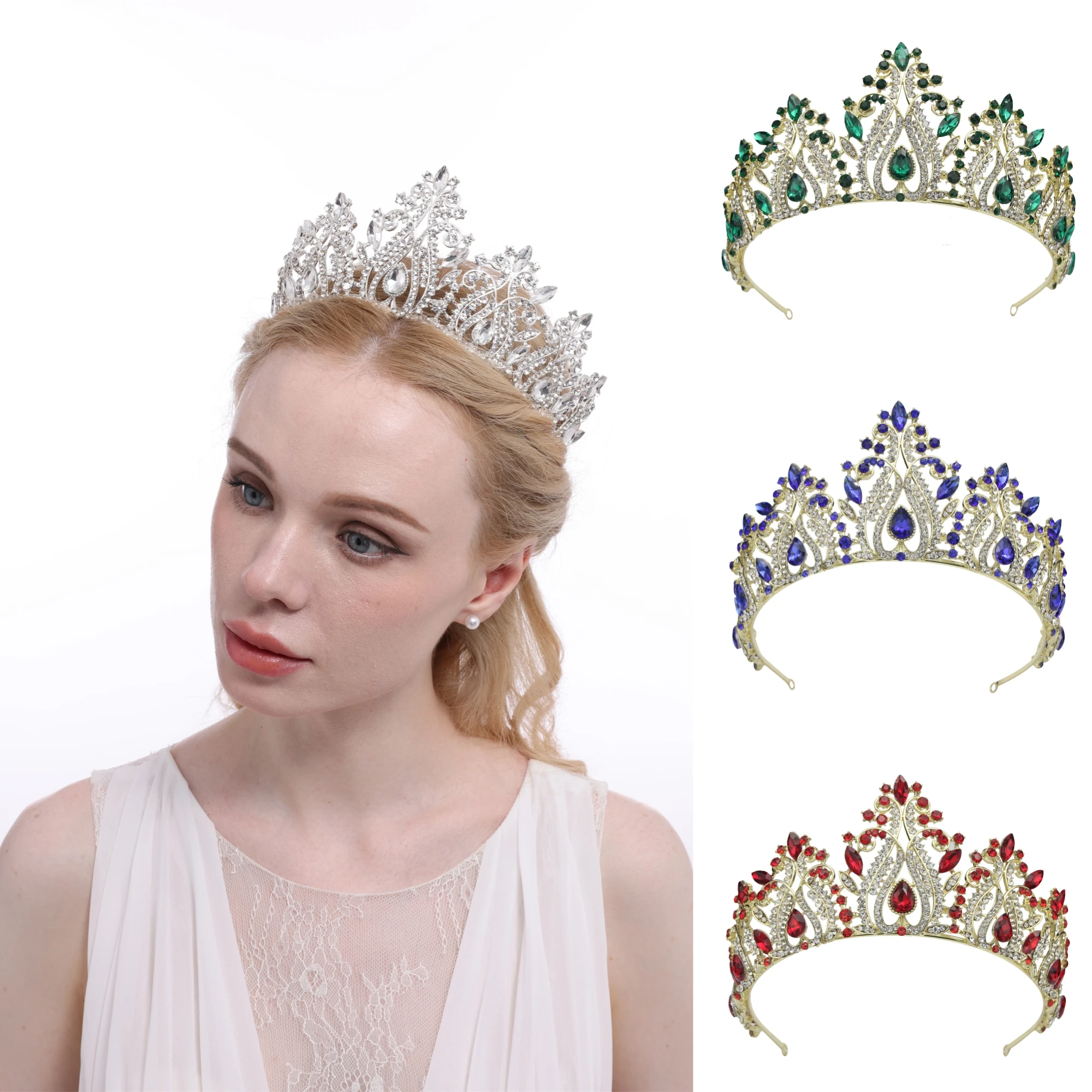 Big Luxury Baroque Rhinestone Emerald Green crystal silver Pageant wedding bridal Crowns and Tiaras for queen