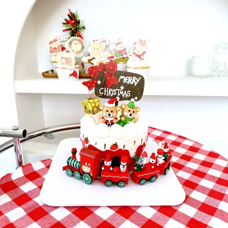 Korean Ins Style Wooden Christmas Cake Decoration Colorful Wholesale Wooden Party Supplies for Festive Cake Display