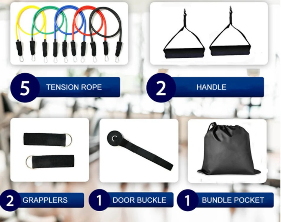 
2020 Best Natural latex tube 11pcs resistance bands with door anchor, 