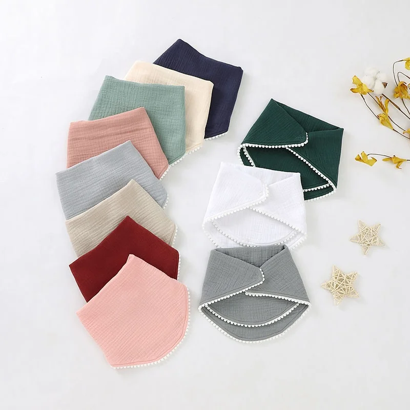 Wholesale Woven Muslin Plain Pom Trim Baby Bibs Organic Cotton