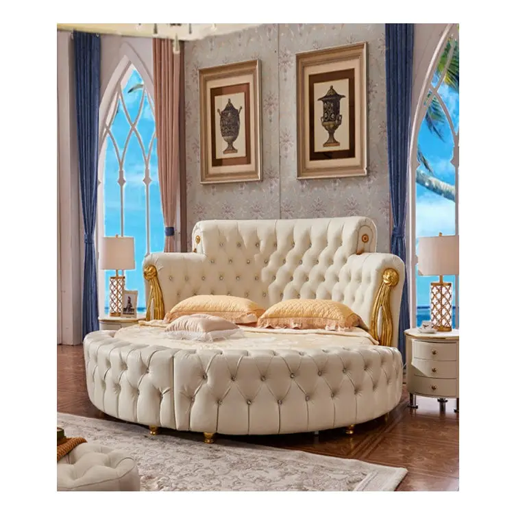 Wholesale Factory High Quality Large Round Velvet Bed Double Metal Wedding Wooden Leather Fabric Bed Couple Princess Hotel Bed