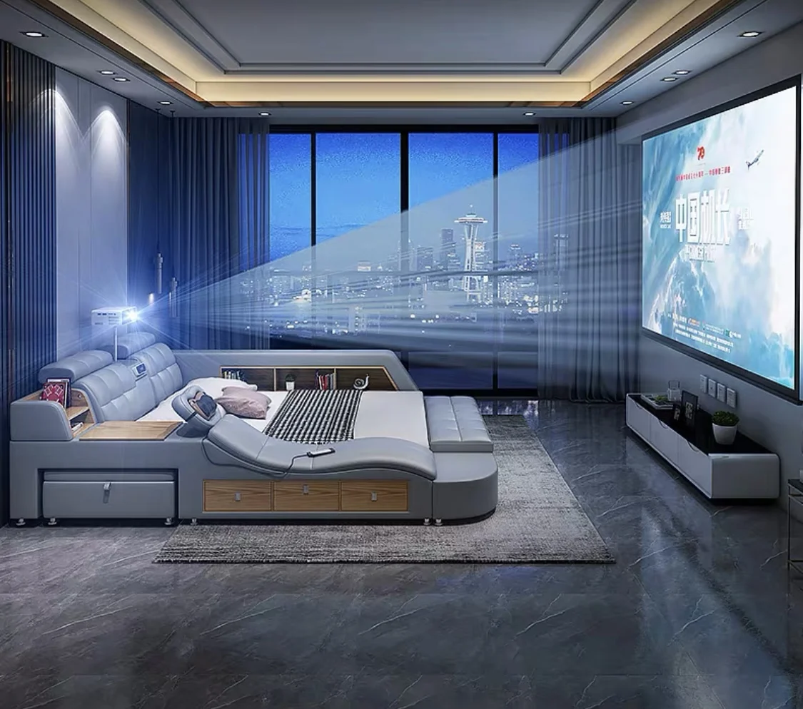 Smart massage bed luxury master bedroom multifunctional modern minimalist projector new style leather bed