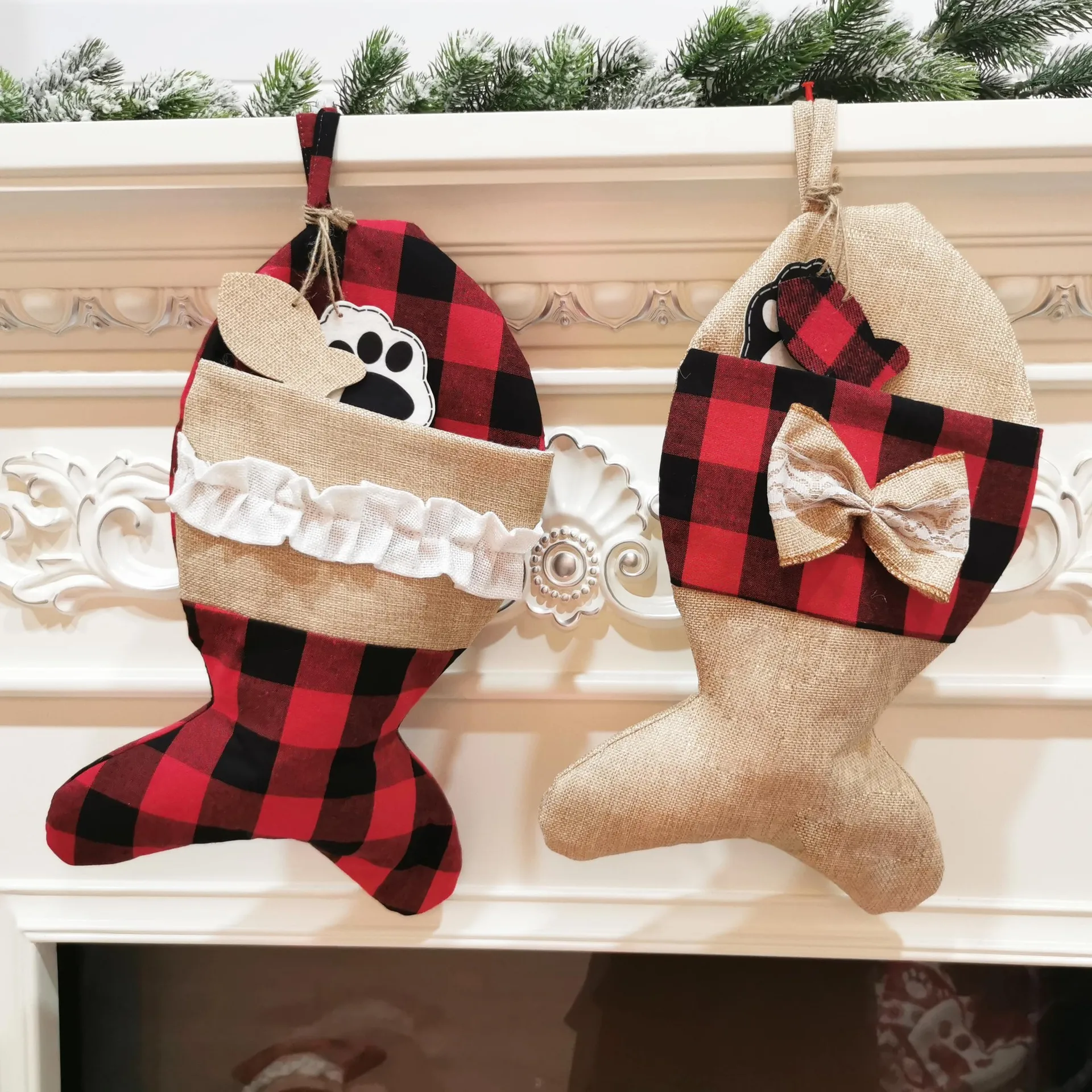 Free Sample Buffalo Plaid Christmas Stockings Large Bone Shape Hanging Pets for Dogs Decorations