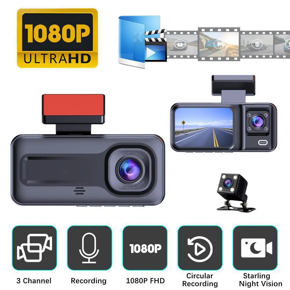 3 channel night vision Hd 1080P WIFI car mobile phone dash camera parking  driving recorder