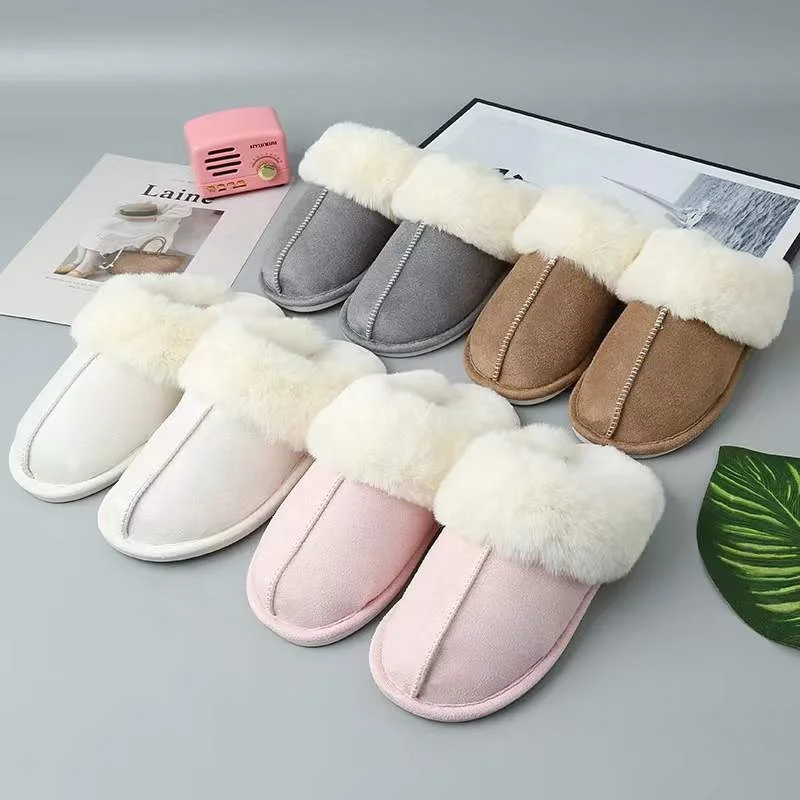 Wholesale Women Closed Toe Indoor Fuzzy Slippers Faux Fur Fluffy Warm Winter Slippers