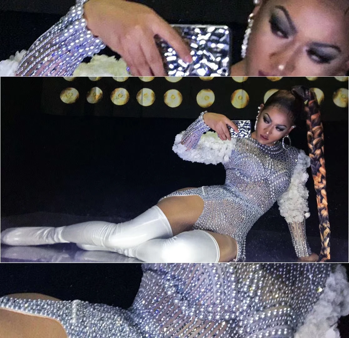 Monos Sexy Tassel Crystal Rompers Women Jumpsuit Party Club Performance Wear Pole Dance Leotard Rhinestone Pearl Bodysuits