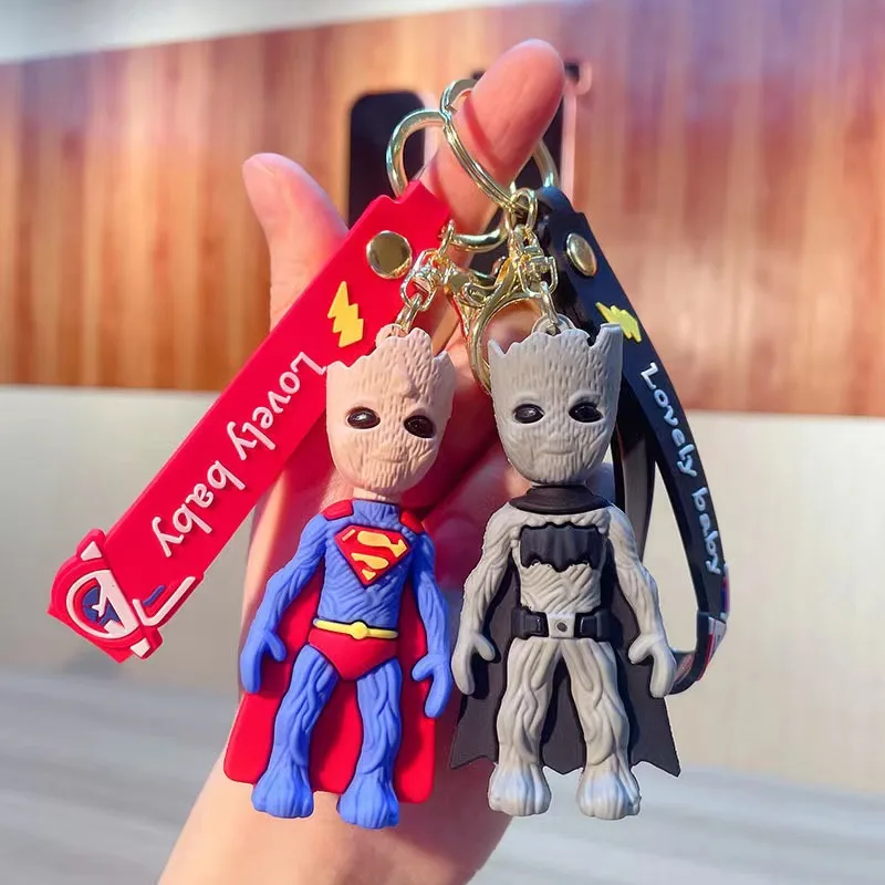 Cute Anime Groot Action Figure Sitting Model Car Rings Auto Keychains Bag Pendant Key Ring