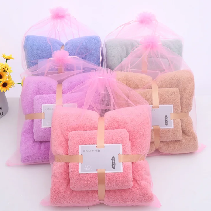 Amazon Hot 2pcs Set 70*140+35*75cm Whole Sale Towels Coral Fleece Towel Set