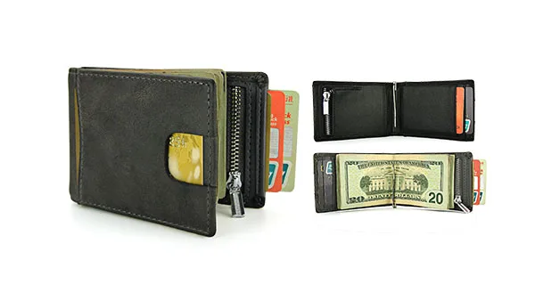 
Vintage cowhide wallet money clip retro army green bifold RFID wallet fashion leather wallet for men 