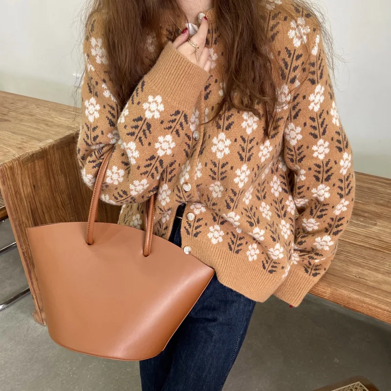 Woven Korean Version Rabbit fur Stylish Wool Long Sleeve Print Casual Women Sweaters Knit Cardigan