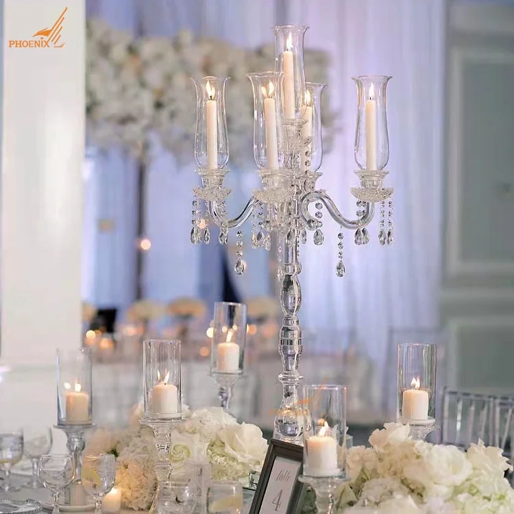 Popular 5 arms clear crystal candle stands glass hurricane candelabra weddings table centerpieces decorations