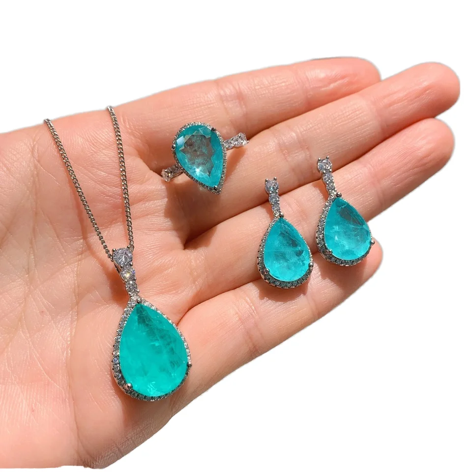 Fashion South American Jewelry Set Brazilian Fusion Stones Waterdrop Necklace Earrings Ring Set Gemstone Bridal Jewellery Set