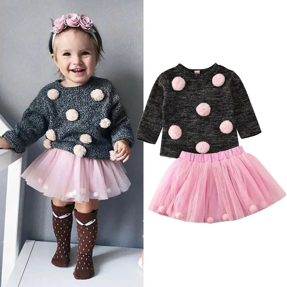 Newborn Infant Baby Girls Clothes Children Long Sleeve Hair Ball Knit Top + Tutu Skirt Set Kids Clothing
