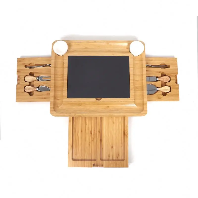 
Bamboo Wine Cheese Serving Tray Handles Plus Drawer Cheese Knives cutting stone board kitchen chop board with black stone 