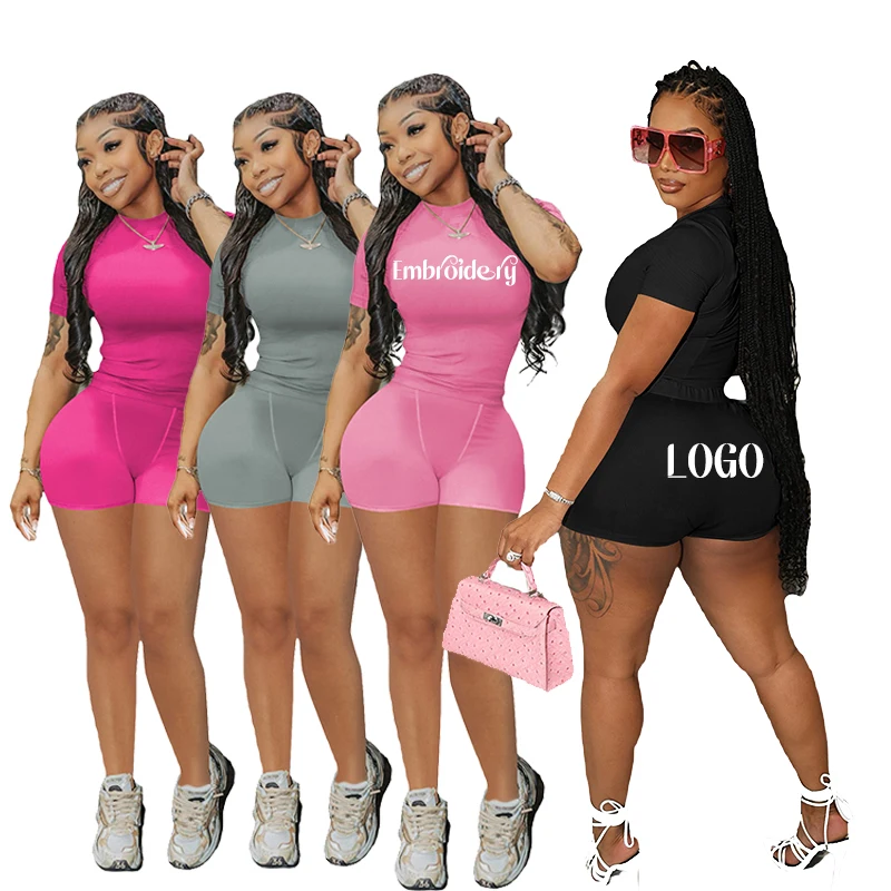 Custom Summer Gym Wear Women Sets Custom Logo Loungewear Cotton Ribbed Outfits Short Sleeve Shirit Women Shorts Two Pieces