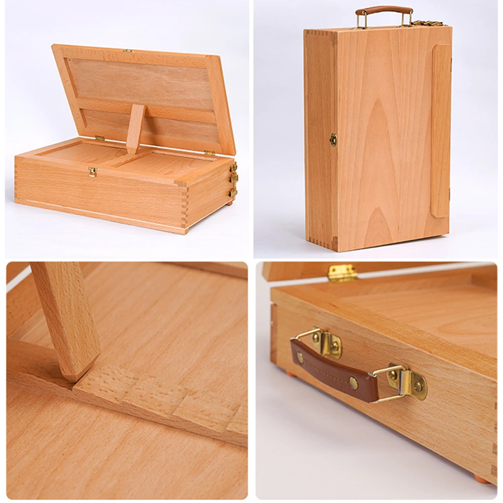 Panwenbo 3-drawer Wood Artist Supply Storage Box Portable Beechwood Multifunctional Pencil Brush Organizer Wood Box with Drawer