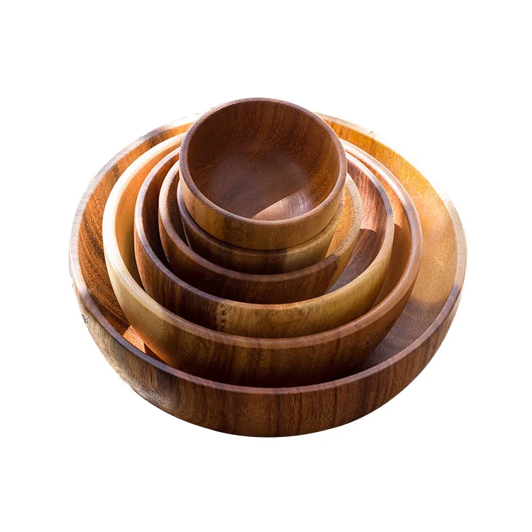 2022  Hot Sale Kitchen Gadget Acacia Handmade Wood Carved Plates Serving Bowls Acacia Wood Bowl