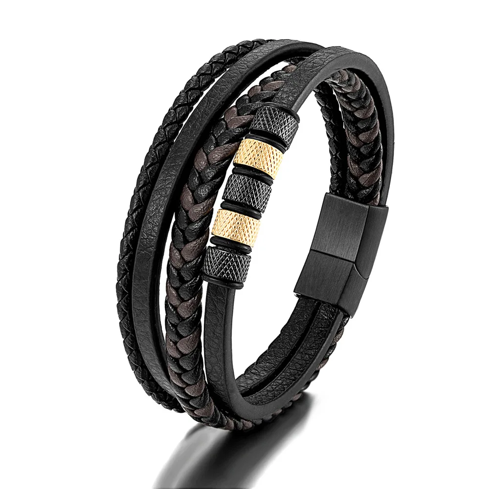 Hot seller Men Jewelry Leather Metal Closure Braided Pu Silver Plated Bracelet