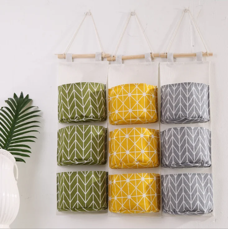 Wholesale custom Cute design colourful multifunction wall mount cotton and linen handing storage organizer with 3 pockets