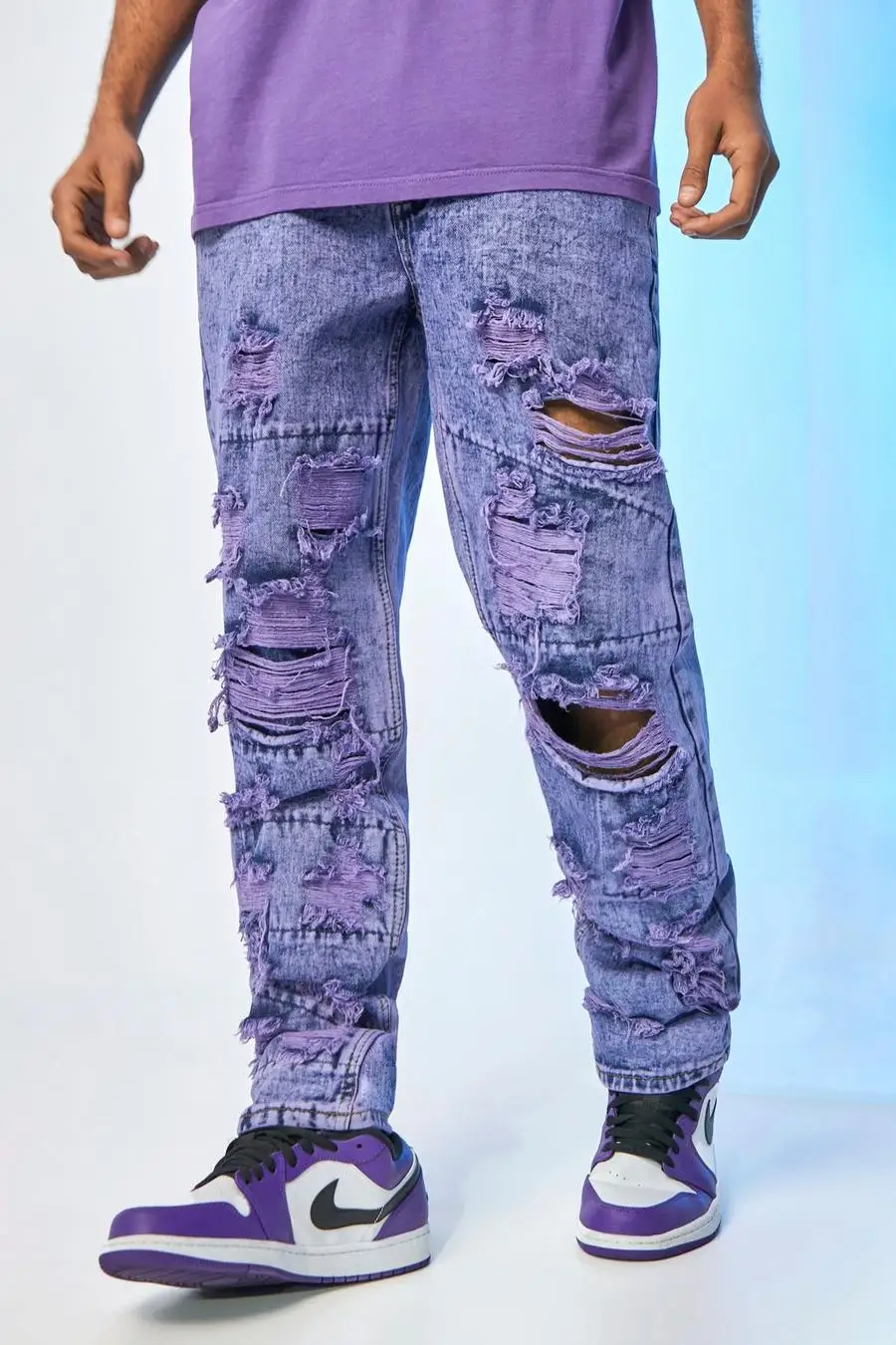 LILUO2022 new fashion trend purple long trousers high street custom ripped pocket men denim jeans