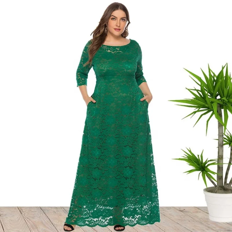 Новинка 2021, женское платье большого размера с кружевными карманами, вечернее платье высокого качества в европейском и американском стиле, длинная юбка