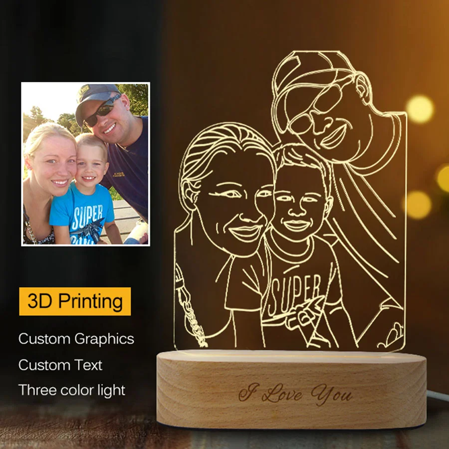 Personalized Shaped Night Light 3D Acrylic Lamp 3 Colors/7 Colors Custom Photo Picture Led Light With Wood Base