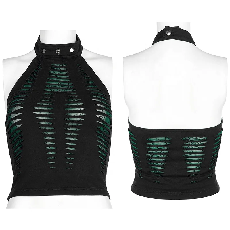 Punk Rave WT-712BXF Gothic knitted ragged woman tops off shoulder halter next sexy spring summer T-shirt woman crop top